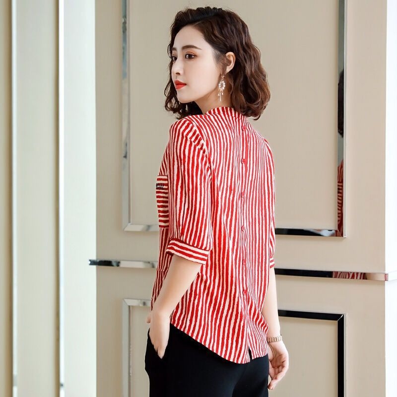 Košulja od šifona za plus veličinu – prugasta, otisak, uski kroj, 3/4 balon rukavi, Poliester smjesa