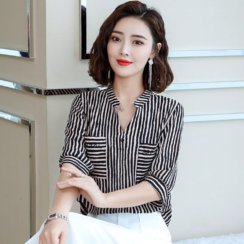 Košulja od šifona za plus veličinu – prugasta, otisak, uski kroj, 3/4 balon rukavi, Poliester smjesa