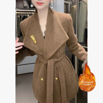 Женско вълнено палто с лацкан, елегантен стил, Slim fit, средна дължина, балонен ръкав, 3D кройка, с памучна подплата и удебеляване, зимна колекция 2025
