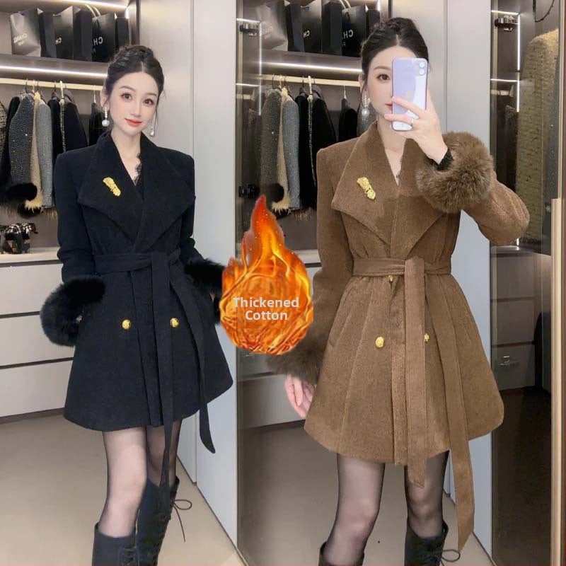 Женско вълнено палто с лацкан, елегантен стил, Slim fit, средна дължина, балонен ръкав, 3D кройка, с памучна подплата и удебеляване, зимна колекция 2025