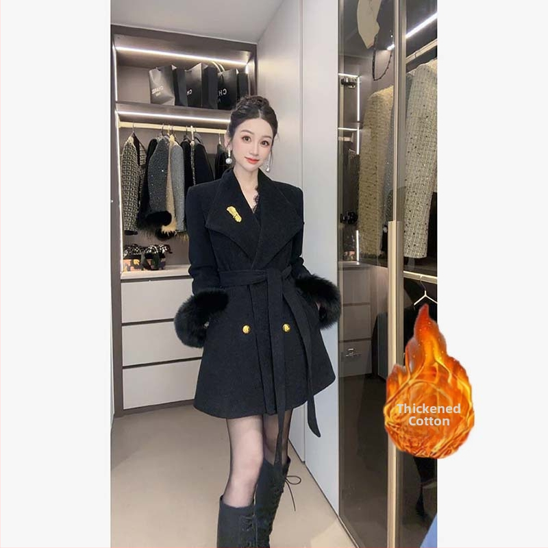 Женско вълнено палто с лацкан, елегантен стил, Slim fit, средна дължина, балонен ръкав, 3D кройка, с памучна подплата и удебеляване, зимна колекция 2025