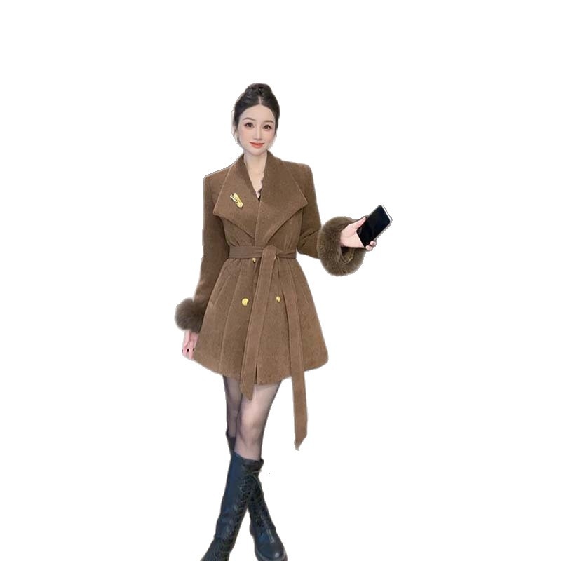 Женско вълнено палто с лацкан, елегантен стил, Slim fit, средна дължина, балонен ръкав, 3D кройка, с памучна подплата и удебеляване, зимна колекция 2025