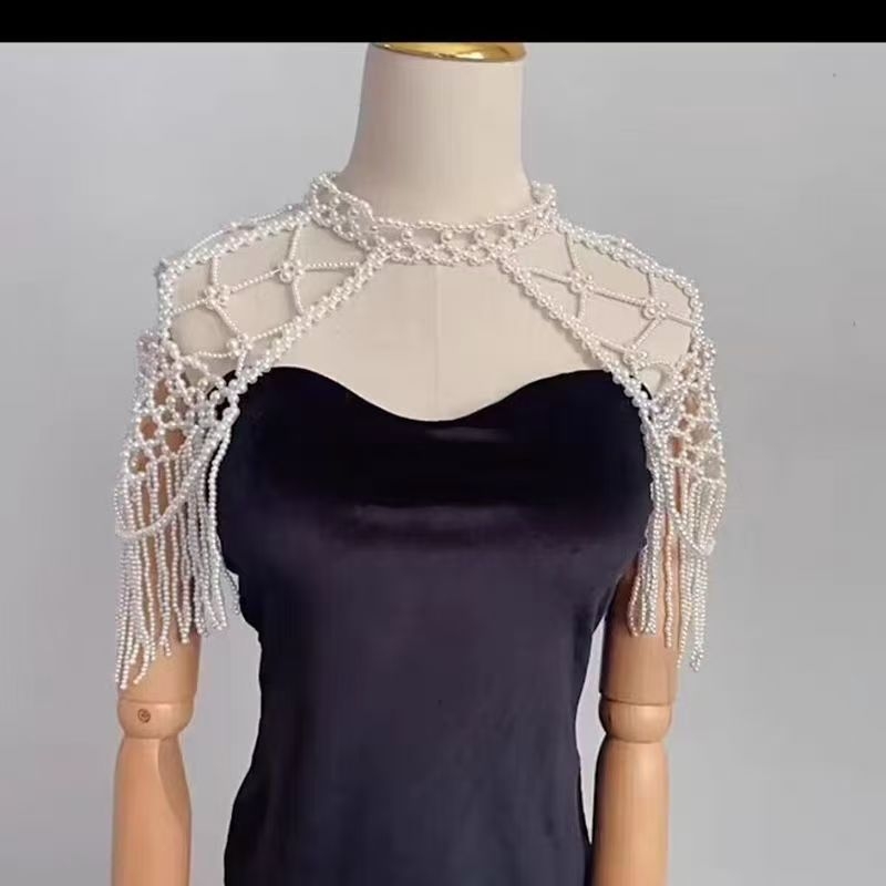Dekorativni ovratnik i šal za haljinu, ručna izrada s perlama i resicama, mrežasti uzorak, warp knitting tehnika