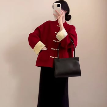 Дамско акрилно палто със стойка яка, дълги ръкави, свободен силует, урбан стил