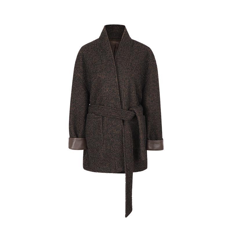 Дамско палто от вълна – средна дебелина, топло, V-образно деколте, дълги ръкави, закопчаване с връзки, полиестерен плат, дължина 50–65 cm, есен-зима 2025