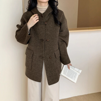 Женско палто от вълна с качулка, дебела материя, средна дължина, свободен силует, 70-80% вълна