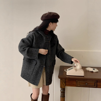 Женско палто от вълна с качулка, дебела материя, средна дължина, свободен силует, 70-80% вълна