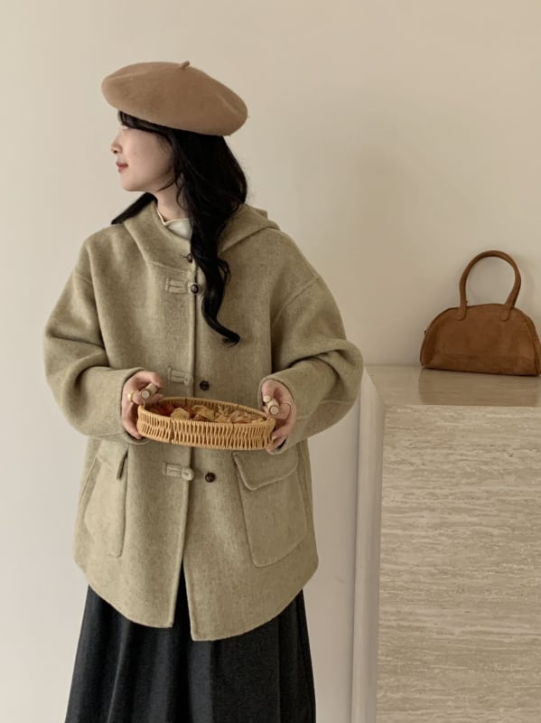 Женско палто от вълна с качулка, дебела материя, средна дължина, свободен силует, 70-80% вълна