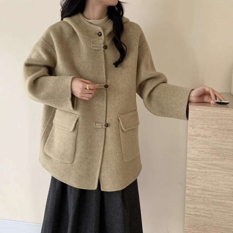Женско палто от вълна с качулка, дебела материя, средна дължина, свободен силует, 70-80% вълна