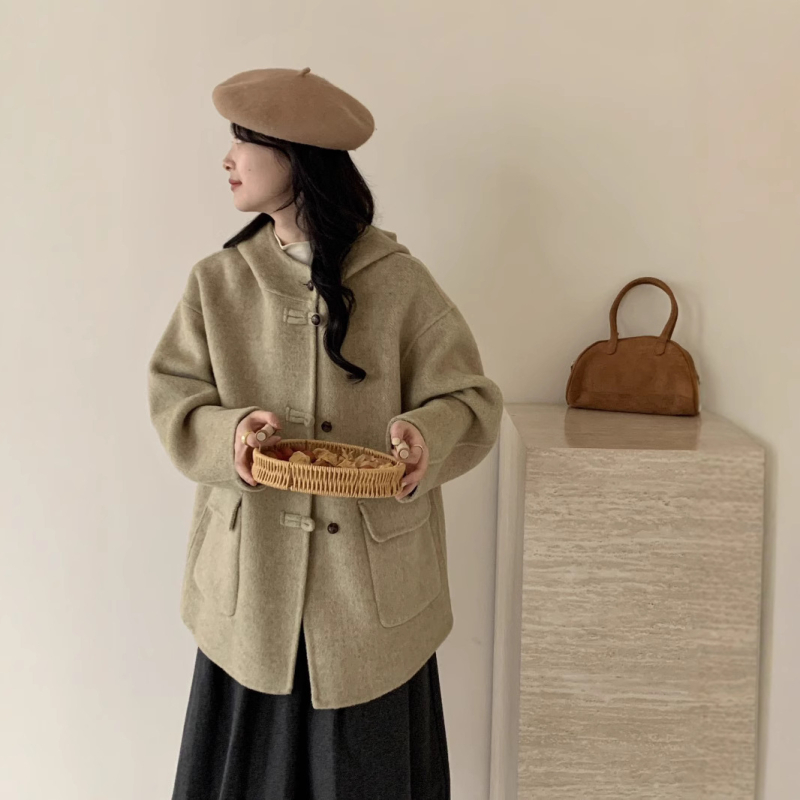 Женско палто от вълна с качулка, дебела материя, средна дължина, свободен силует, 70-80% вълна