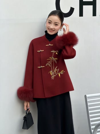 Женско палто от двойно лице вълна, дебела тъкан, полуотворена яка, три копчета