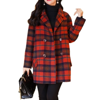 Дамско памучно палто с каре, средна дължина, дълги ръкави, костюмна яка, двойна редица копчета