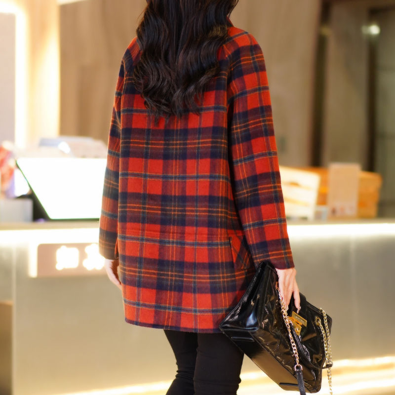 Дамско памучно палто с каре, средна дължина, дълги ръкави, костюмна яка, двойна редица копчета