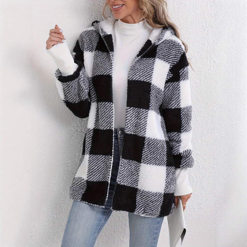 Ženski kaput od pliša s karom, kapuljača, srednja duljina, dugi rukavi, poliestera materijal
