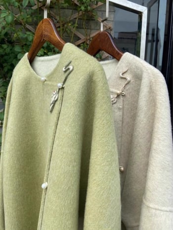 Дамско вълнено палто в китайски стил, средна дължина, кръгла яка, дълги ръкави