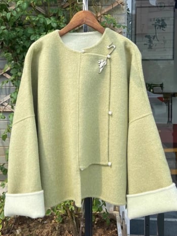 Дамско вълнено палто в китайски стил, средна дължина, кръгла яка, дълги ръкави