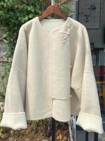 Дамско вълнено палто в китайски стил, средна дължина, кръгла яка, дълги ръкави