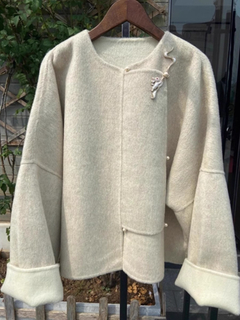 Дамско вълнено палто в китайски стил, средна дължина, кръгла яка, дълги ръкави