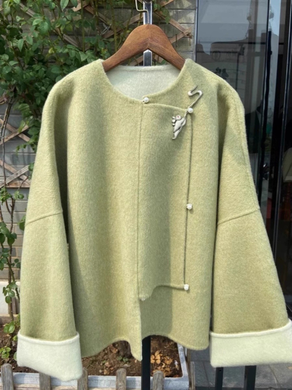 Дамско вълнено палто в китайски стил, средна дължина, кръгла яка, дълги ръкави