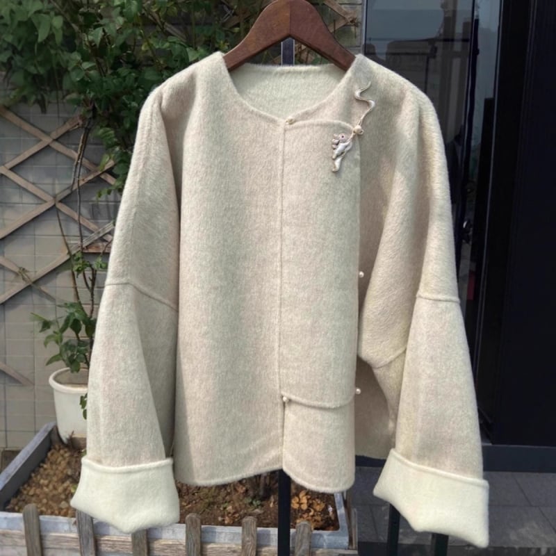 Дамско вълнено палто в китайски стил, средна дължина, кръгла яка, дълги ръкави