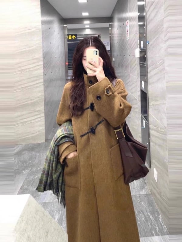 Дамско палто от вълна, корейски стил, плат имитационна вълна, полиестерна външна материя, стойкова яка, права кройка