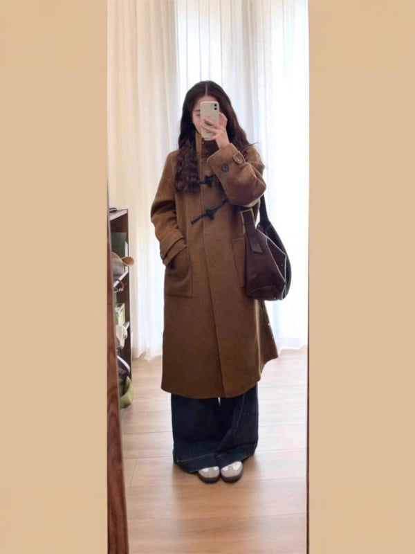 Дамско палто от вълна, корейски стил, плат имитационна вълна, полиестерна външна материя, стойкова яка, права кройка