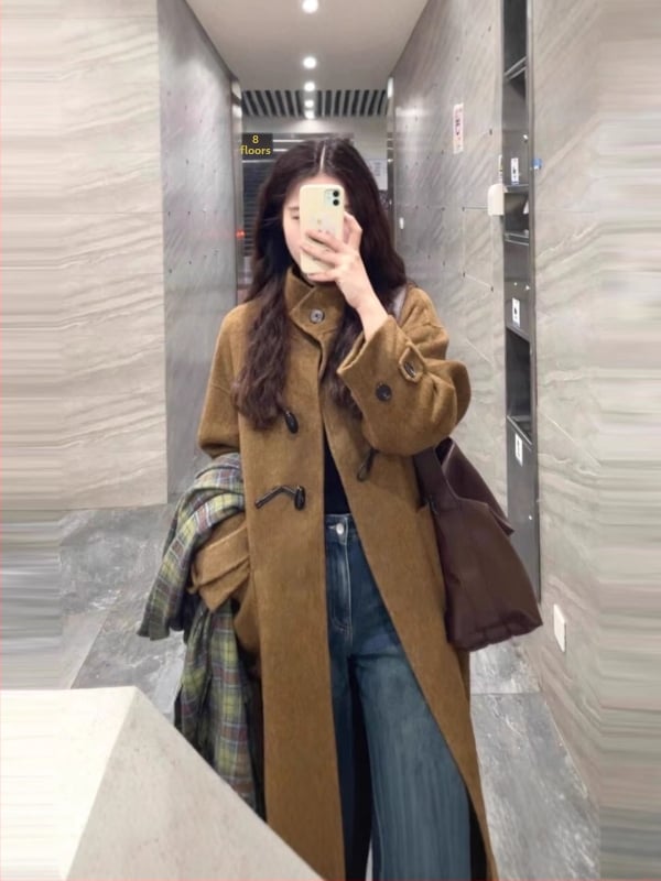 Дамско палто от вълна, корейски стил, плат имитационна вълна, полиестерна външна материя, стойкова яка, права кройка