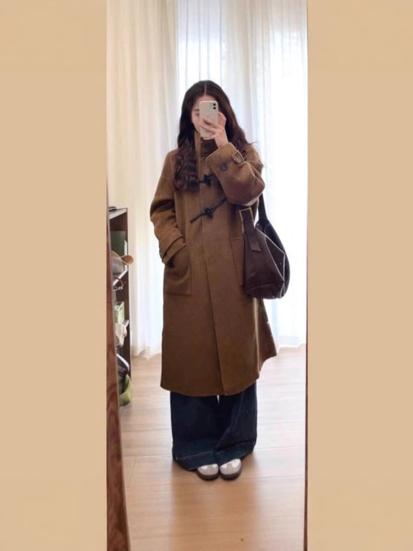 Дамско палто от вълна, корейски стил, плат имитационна вълна, полиестерна външна материя, стойкова яка, права кройка