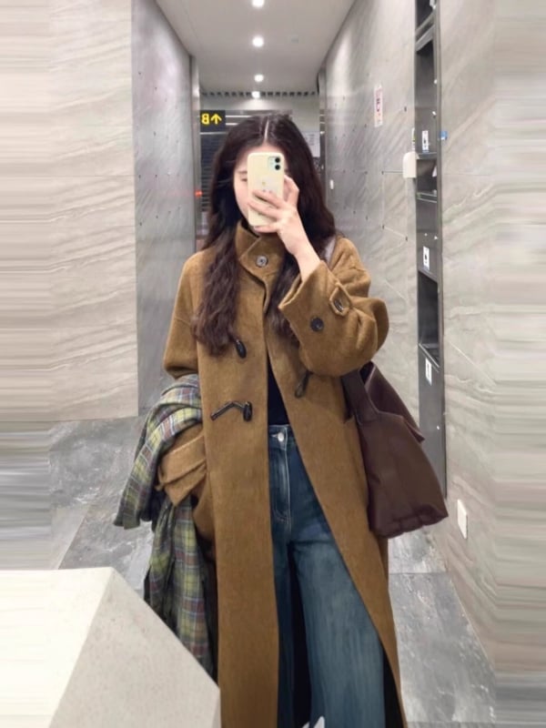 Дамско палто от вълна, корейски стил, плат имитационна вълна, полиестерна външна материя, стойкова яка, права кройка