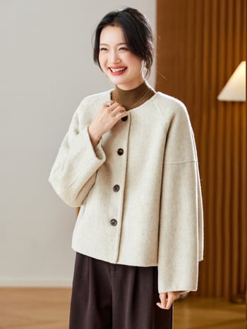 Дамско палто от вълнена смес, еднотонно, кръгло деколте, реглан ръкави, къс модел, пролет 2026