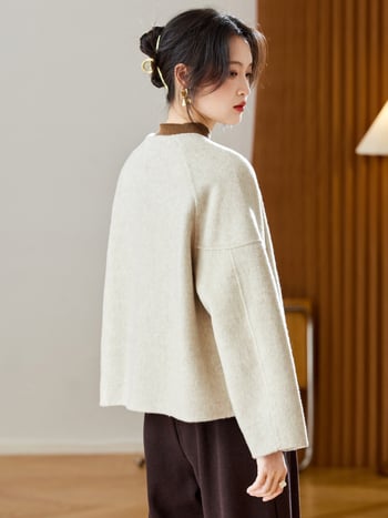 Дамско палто от вълнена смес, еднотонно, кръгло деколте, реглан ръкави, къс модел, пролет 2026