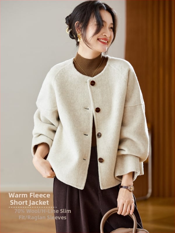 Дамско палто от вълнена смес, еднотонно, кръгло деколте, реглан ръкави, къс модел, пролет 2026