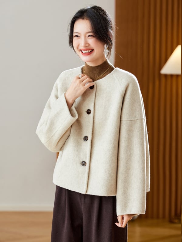 Дамско палто от вълнена смес, еднотонно, кръгло деколте, реглан ръкави, къс модел, пролет 2026