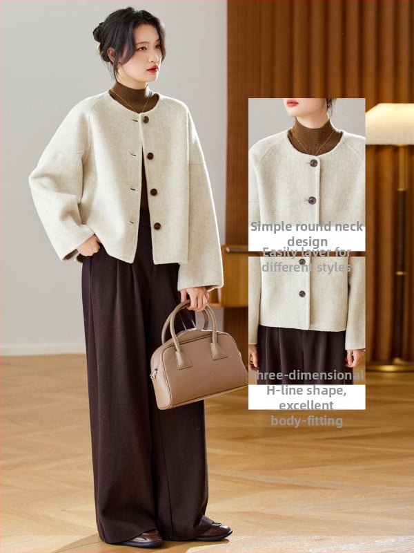 Дамско палто от вълнена смес, еднотонно, кръгло деколте, реглан ръкави, къс модел, пролет 2026