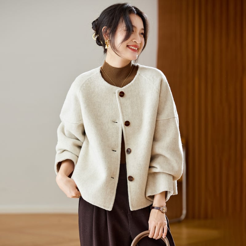 Дамско палто от вълнена смес, еднотонно, кръгло деколте, реглан ръкави, къс модел, пролет 2026