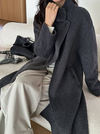 Дамско двустранно вълнено палто — корейски стил, удължена дължина, стояща яка, закопчаване с катарами, вълна 95%+