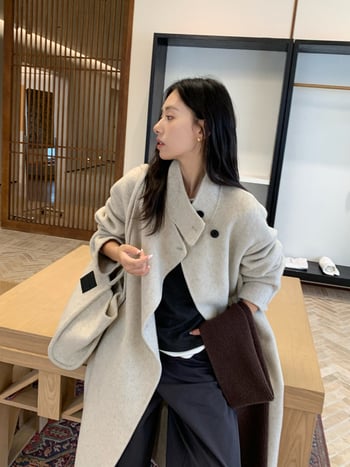 Дамско двустранно вълнено палто — корейски стил, удължена дължина, стояща яка, закопчаване с катарами, вълна 95%+