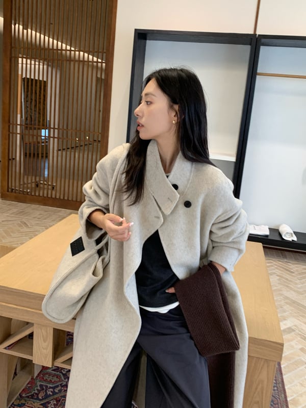 Дамско двустранно вълнено палто — корейски стил, удължена дължина, стояща яка, закопчаване с катарами, вълна 95%+