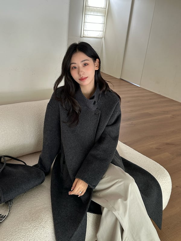 Дамско двустранно вълнено палто — корейски стил, удължена дължина, стояща яка, закопчаване с катарами, вълна 95%+