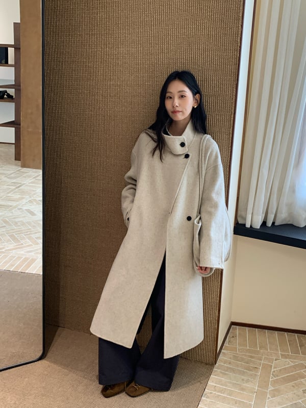 Дамско двустранно вълнено палто — корейски стил, удължена дължина, стояща яка, закопчаване с катарами, вълна 95%+