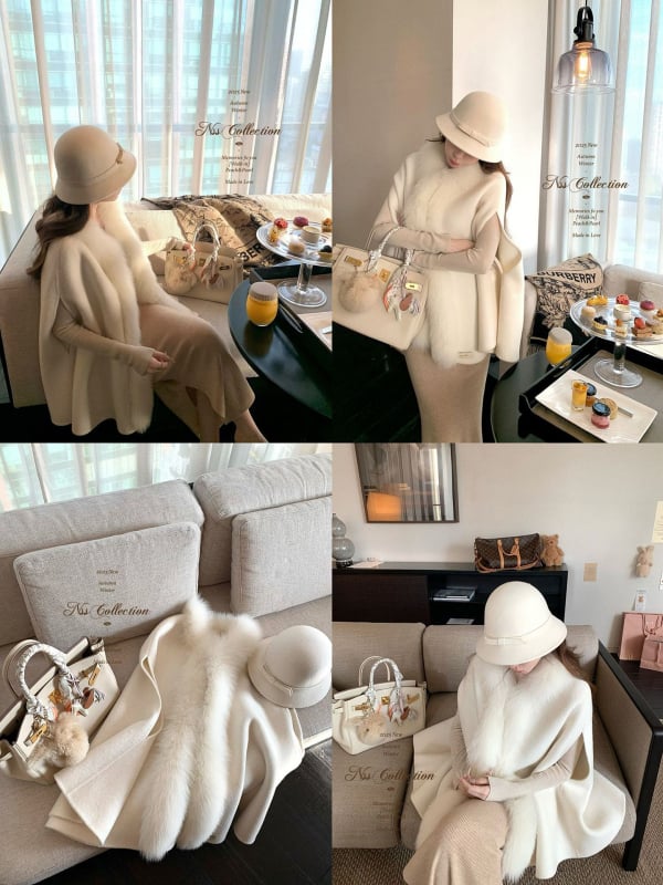 Дамски вълнен плащ-пелерина с каре и яка от лисича козина, 70–80% вълна, стил плащ-пелерина