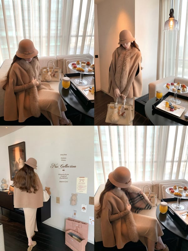 Дамски вълнен плащ-пелерина с каре и яка от лисича козина, 70–80% вълна, стил плащ-пелерина