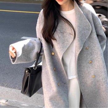 Női vastag gyapjúkabát, dupla gombos, galléros, hosszú fazon, lazán szabott, brit stílus