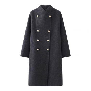 Női vastag gyapjúkabát, dupla gombos, galléros, hosszú fazon, lazán szabott, brit stílus