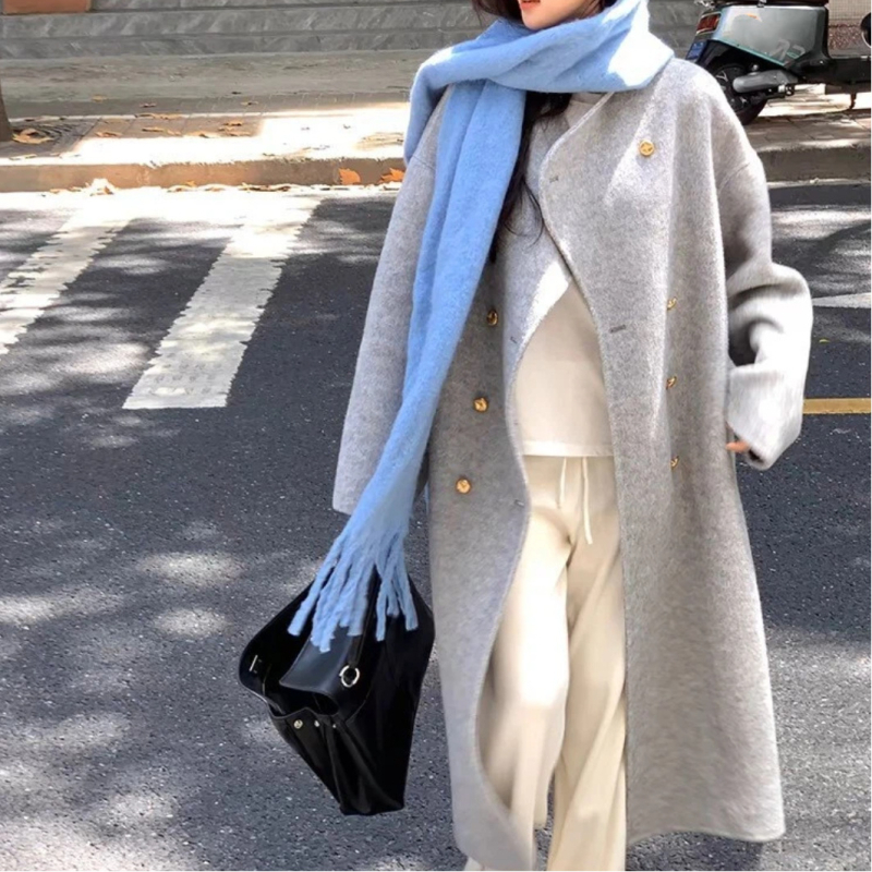 Női vastag gyapjúkabát, dupla gombos, galléros, hosszú fazon, lazán szabott, brit stílus