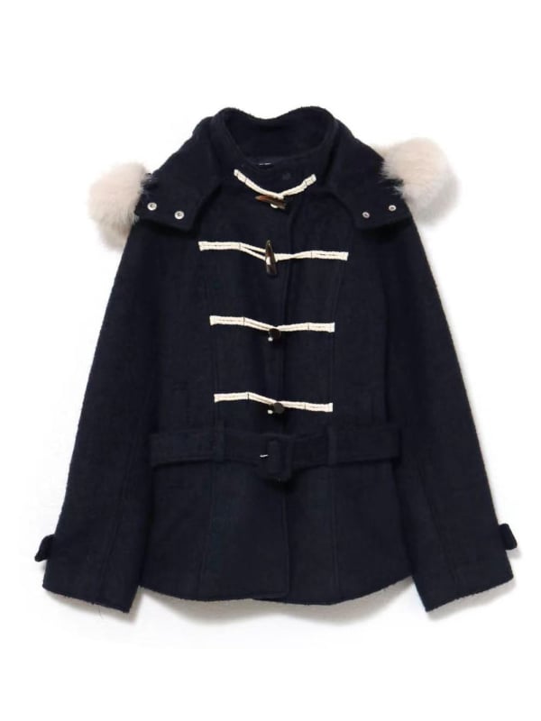 Дамско вълнено палто в японски стил, яка от заешка козина, средна дължина