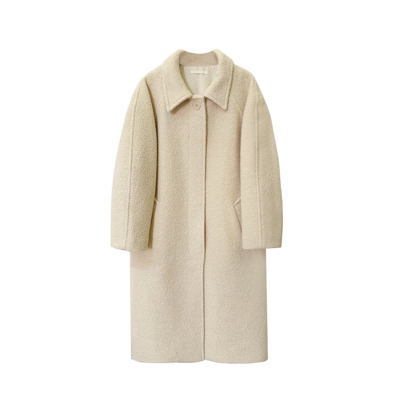 Női gyapjú kabát alpaka keverékkel, 70-80% gyapjú, alpaka <30%, laza szabás, hosszított hossz, rever gallér