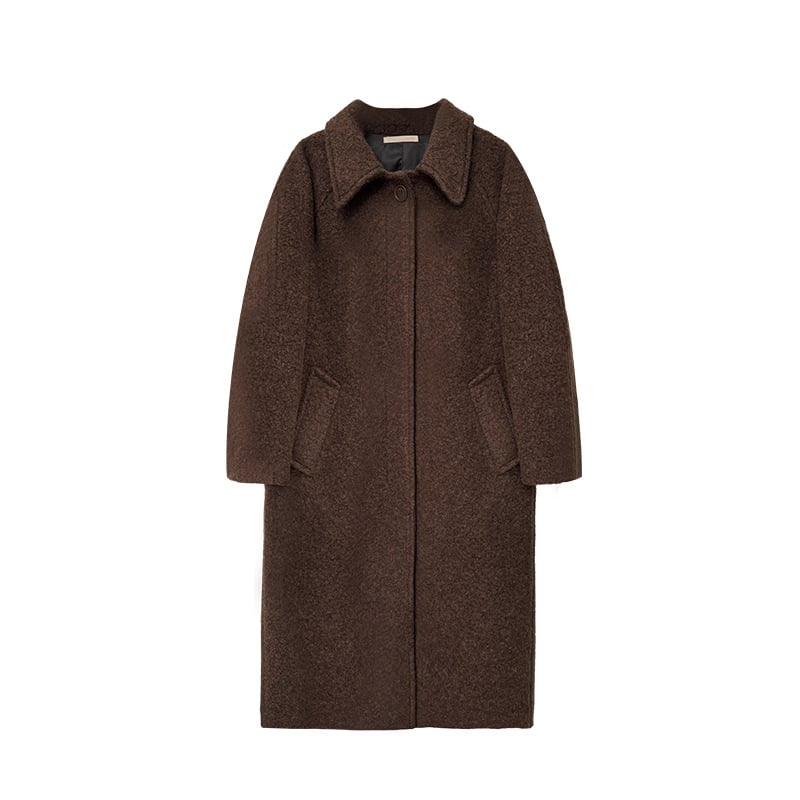 Női gyapjú kabát alpaka keverékkel, 70-80% gyapjú, alpaka <30%, laza szabás, hosszított hossz, rever gallér