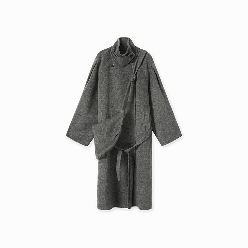 Női gyapjúkabát álló gallérrel, hosszú, vastag anyagú, egyszínű, két soros gombolás