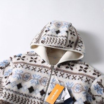 Női külső dzseki kapucnival, vastag mű báránygyapjú anyagból, patchwork színblokkokkal, cipzárral az elején, normál hossz, hosszú ujjú, laza japán-koreai stílus